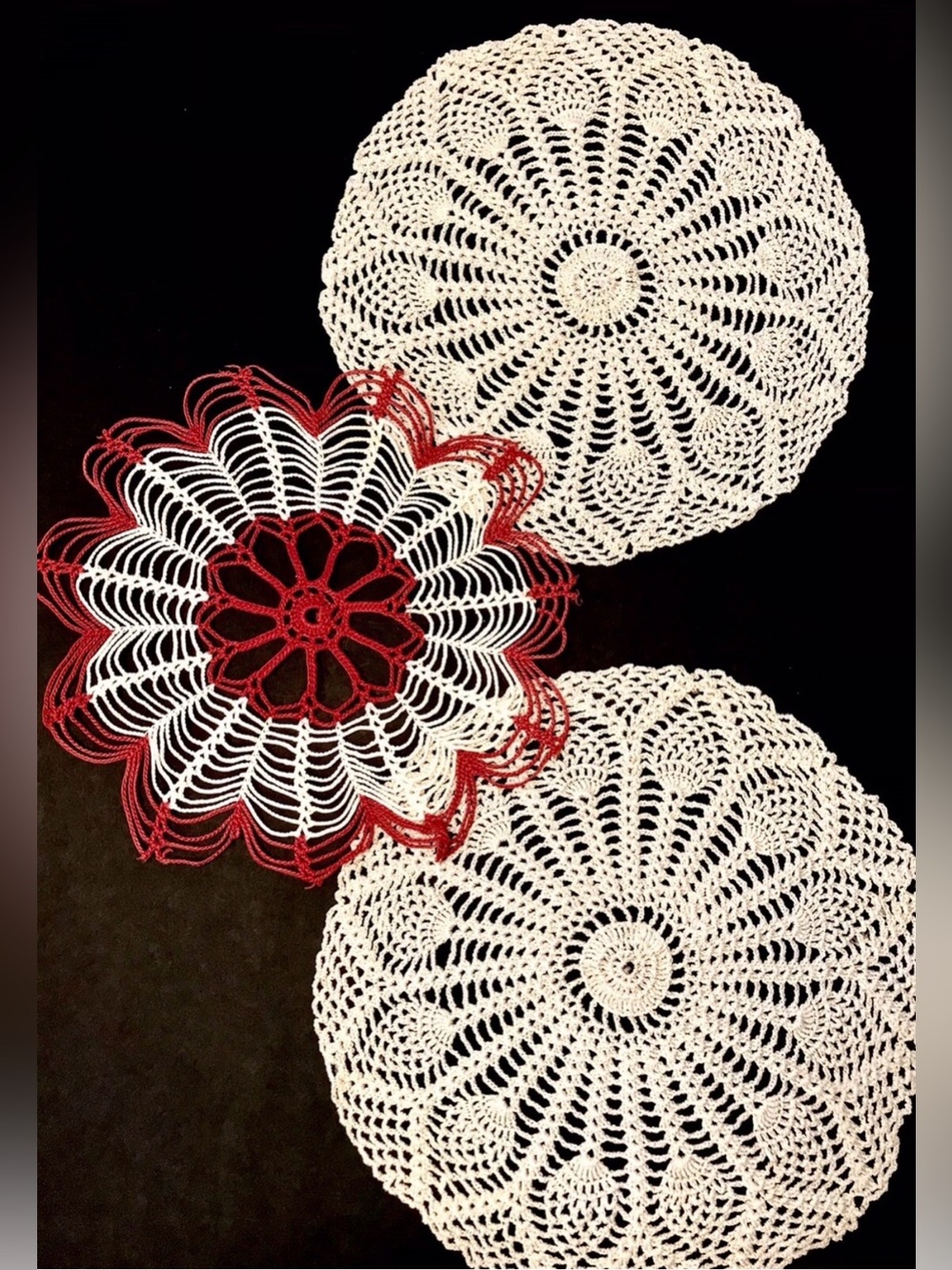Hand Crocheted Eggshell And Ivory With Red Round Doilies Set of 3 Vintage 1960's